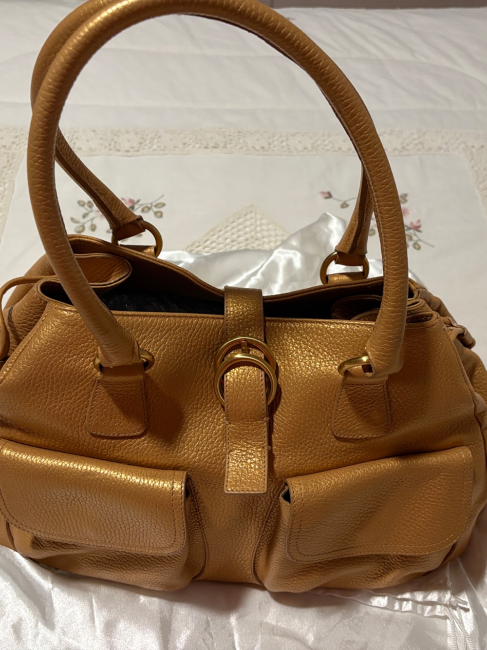 Furla Pebbled Shoulder Bag in Golden Tan with Gold Hardware